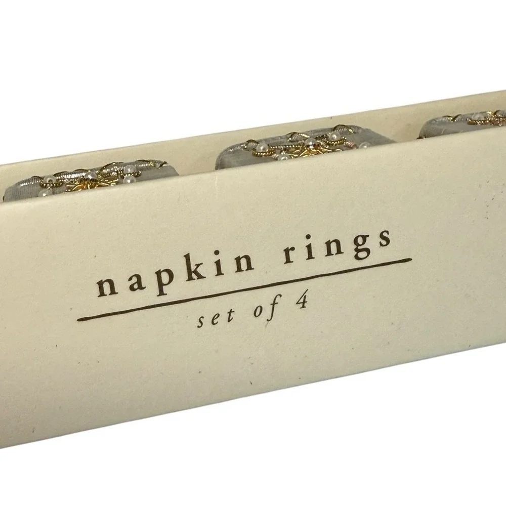 Pier 1 Imports Napkin Rings‎ Set of 4 Beaded Faux Pearl Gold Mesh Square Ornate